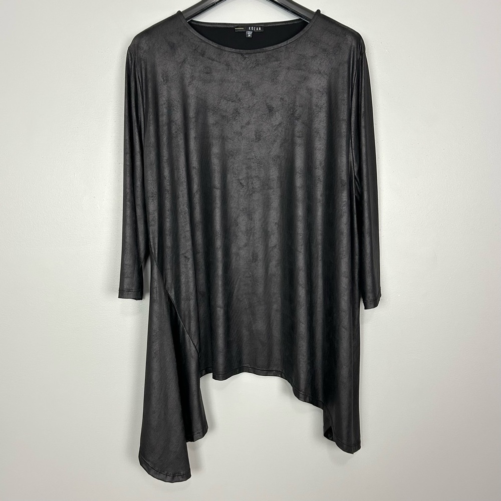 Kozan Faux Leather Liquid Knit Tunic Top Women’s Size 2X High Low Hem Black Boho